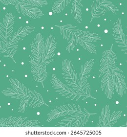 Padrão de vetor contínuo de ramos de abeto em contorno branco e neve no fundo verde-azul