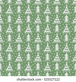 Seamless vector pattern with fir trees. Green, white seasonal winter background with cute hand drawn fir trees Graphic illustration. Series of winter seamless vector patterns
