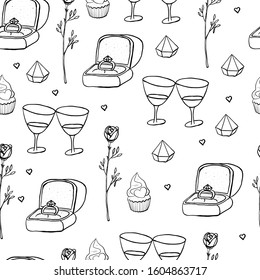 Seamless vector pattern of first date characters. Black and white hand draw sketch wineglasses, roses, cupcakes, rings. Romantic background for St. Valentine's Day and wedding.