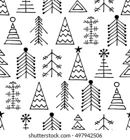 Seamless vector pattern with fir-trees. Black and white seasonal winter background with different decorative hand drawn fir tree. Graphic illustration. Series of winter seamless vector patterns.