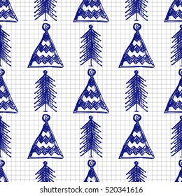 Seamless vector pattern with fir-trees. Blue and white seasonal winter background with cute hand drawn fir trees on the checkered paper Graphic illustration. Series of winter seamless vector patterns