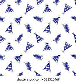 Seamless vector pattern with fir-trees. Blue and white seasonal winter background with cute hand drawn fir trees on the checkered paper Graphic illustration. Series of winter seamless vector patterns