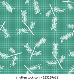 Seamless vector pattern with fir-trees. Blue and white seasonal winter background with hand drawn fir trees on the checkered paper Graphic illustration. Series of winter seamless vector patterns.