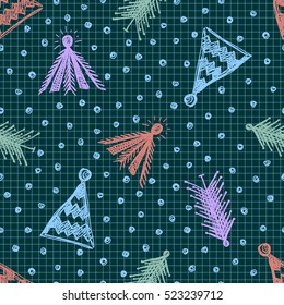 Seamless vector pattern with fir-trees. Blue seasonal winter background with cute hand drawn fir trees on the checkered paper Graphic illustration. Series of winter seamless vector patterns.