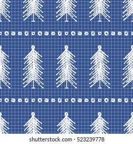 Seamless vector pattern with fir-trees. Blue and white seasonal winter background with cute hand drawn fir trees on the checkered paper Graphic illustration. Series of winter seamless vector patterns.