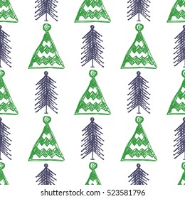 Seamless vector pattern with fir-trees. Blue, green and white seasonal winter background with cute hand drawn fir trees  Graphic illustration. Series of winter seamless vector patterns.