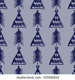 Seamless vector pattern with fir-trees. Blue seasonal winter background with cute hand drawn fir trees  Graphic illustration. Series of winter seamless vector patterns.