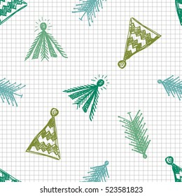 Seamless vector pattern with fir-trees. Blue and white seasonal winter background with cute hand drawn fir trees on the checkered paper Graphic illustration. Series of winter seamless vector patterns.