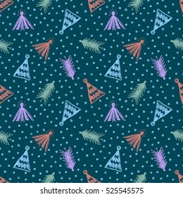 Seamless vector pattern with fir-trees. Blue seasonal winter background with cute hand drawn fir trees  Graphic illustration. Series of winter seamless vector patterns