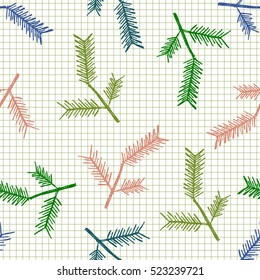 Seamless vector pattern with fir-trees. Colorful seasonal winter background with  hand drawn fir trees on the checkered paper Graphic illustration. Series of winter seamless vector patterns.