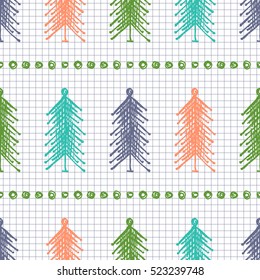 Seamless vector pattern with fir-trees. Colorful  seasonal winter background with cute hand drawn fir trees on the checkered paper Graphic illustration. Series of winter seamless vector patterns.