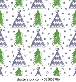 Seamless vector pattern with fir-trees. Colorful seasonal winter background with cute hand drawn fir trees on the checkered paper Graphic illustration. Series of winter seamless vector patterns.