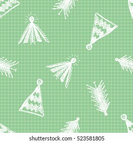 Seamless vector pattern with fir-trees. Green seasonal winter background with cute hand drawn fir trees on the checkered paper Graphic illustration. Series of winter seamless vector patterns.