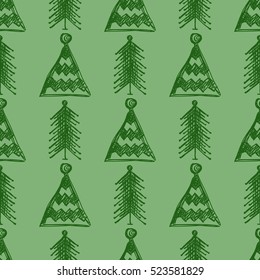 Seamless vector pattern with fir-trees. Green seasonal winter background with cute hand drawn fir trees  Graphic illustration. Series of winter seamless vector patterns.