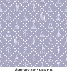 Seamless vector pattern with fir-trees, snowflakes. Blue seasonal winter background with cute hand drawn fir trees Graphic illustration. Series of winter seamless vector patterns..