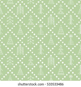 Seamless vector pattern with fir-trees, snowflakes. Green seasonal winter background with cute hand drawn fir trees Graphic illustration. Series of winter seamless vector patterns..