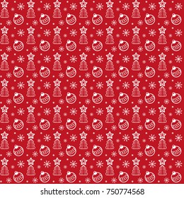 Seamless vector pattern with fir-trees, snowflakes, balls. New Year background.