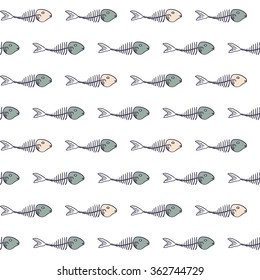 Seamless vector pattern with fish bone. Minimalist graphic design. Simple pattern with small colorful fish bones.