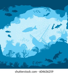 Seamless vector pattern with fish and corals silhouettes on seaweed background