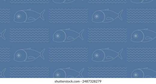 Patrón de Vector sin costuras con peces en tonos azul oscuro. Ilustración de garabato de una escuela de peces vomer