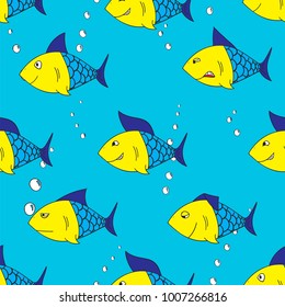 Seamless vector pattern of the fish with different facial expressions on the blue underwater background