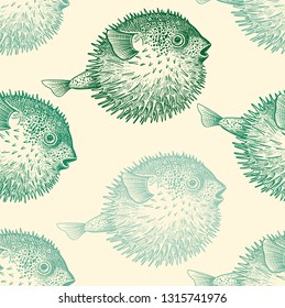 Seamless vector pattern with fish hedgehog under water. Sea bottom and animals. Vintage engraving art. Hand drawing sketch. Kitchen design with seafood for paper, fabrics, wallpaper. Pastel background