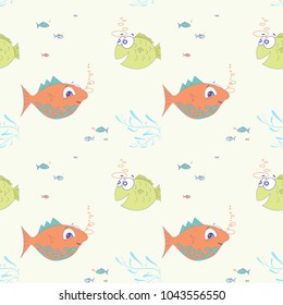 Seamless vector pattern with fish illustration. Scrapbook paper, wrapping paper.