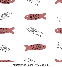 Seamless vector pattern with fish illustrations in scandinavian style. 