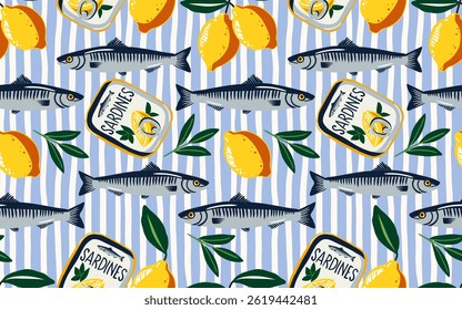 Seamless vector pattern with fish, lemons, sardine cans, and olive branches on striped background. Inspired by Mediterranean coastal life, perfect for packaging, kitchen decor, and textiles.