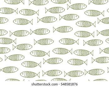 seamless vector pattern. Fish on a green background, hand-painted.