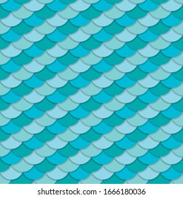 Seamless vector pattern of fish scales. Outlined elements of different shades of blue and turquoise with light shadows creating illusion of volume. Perfect for any marine and seafood design purposes.