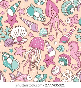 Seamless vector pattern with fish, sea horse, octopus, jellyfish, seashell, crab and sea star. Hand drawn underwater sealife design. Perfect for textile, wallpaper or nursery print.