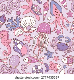 Seamless vector pattern with fish, sea horse, octopus, jellyfish, seashell, crab and sea star. Hand drawn underwater sealife design. Perfect for textile, wallpaper or nursery print.