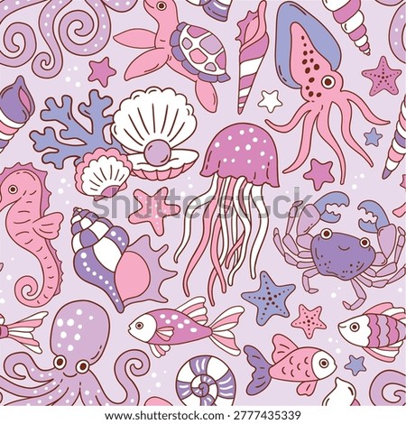Seamless vector pattern with fish, sea horse, octopus, jellyfish, seashell, crab and sea star. Hand drawn underwater sealife design. Perfect for textile, wallpaper or nursery print.