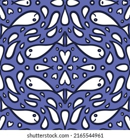 Seamless vector pattern with fish and waterdrops in white on a very peri purple background in an ogee pattern style. Happy animal pattern for children and adults.