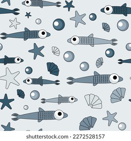 Seamless vector pattern with fishes in cartoon style which can be used 
as wrapping design, textile for kids or as a background
