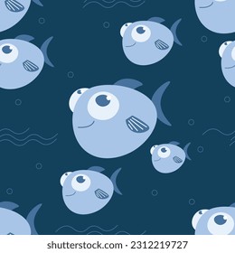 Patrón vectorial sin foco con peces. Estilo de caricatura. Fondo oscuro.