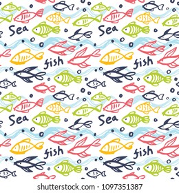 Seamless vector pattern with fishes. Colorful background, wildlife sea texture.