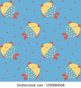 Seamless vector pattern with fishes and dots on blue background. Cute baby goldfish wallpaper design. Ideal for baby showers.