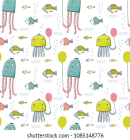 Seamless vector pattern with fishes and jellyfishes for typography poster, card, label, brochure, flyer, page, banner design. Vector illustration background