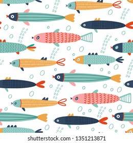 Seamless vector pattern with fishes: Ocean. Cute texture for fabric, wrapping, textile, wallpaper, apparel.  Vector illustration childish background