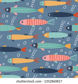 Seamless vector pattern with fishes: Ocean. Cute texture for fabric, wrapping, textile, wallpaper, apparel.  Vector illustration childish background
