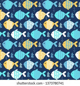 Seamless vector pattern with fishes on a dark background.