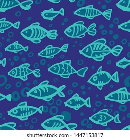 Seamless vector pattern with fishes on a blue background. Color ink.