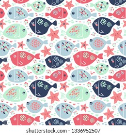 Seamless vector pattern with fishes, sea stars and dots. BAckground with childlike characters.
