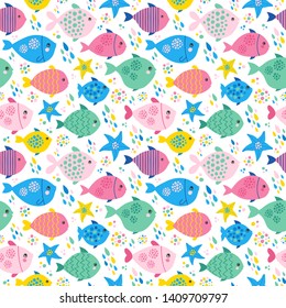 Seamless vector pattern with fishes and sea stars in bright colors.