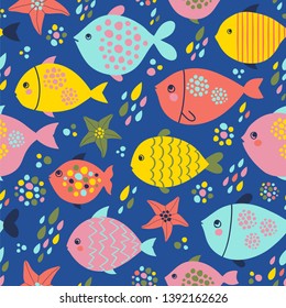 Seamless vector pattern with fishes and starfishes in bright colors.