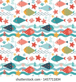 Seamless vector pattern with fishes, waves, starfishes, coral and seaweed.