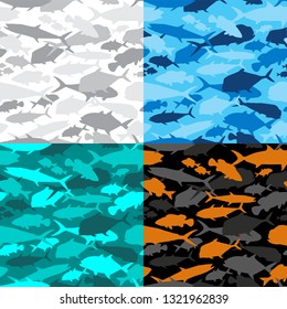 Seamless Vector Pattern Of Fishing Camouflage. Set Camo Of Saltwater Fish