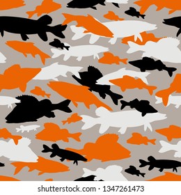 Seamless vector pattern of fishing camouflage. Orange black camo of freshwater fish